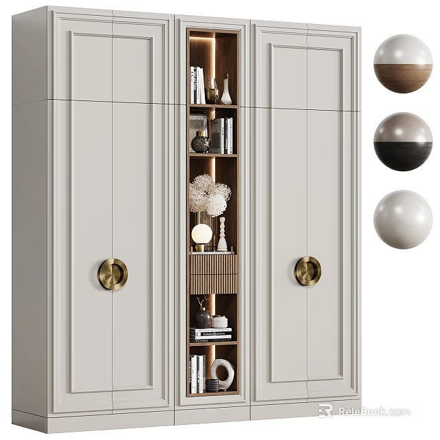 Modern White Bookcase With Brass Handles And Shelves Holding Books Decorative Objects 3d model 