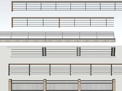 Various Modern Fence Designs With Metal Railings And Wooden Posts For Outdoor Areas 3d model