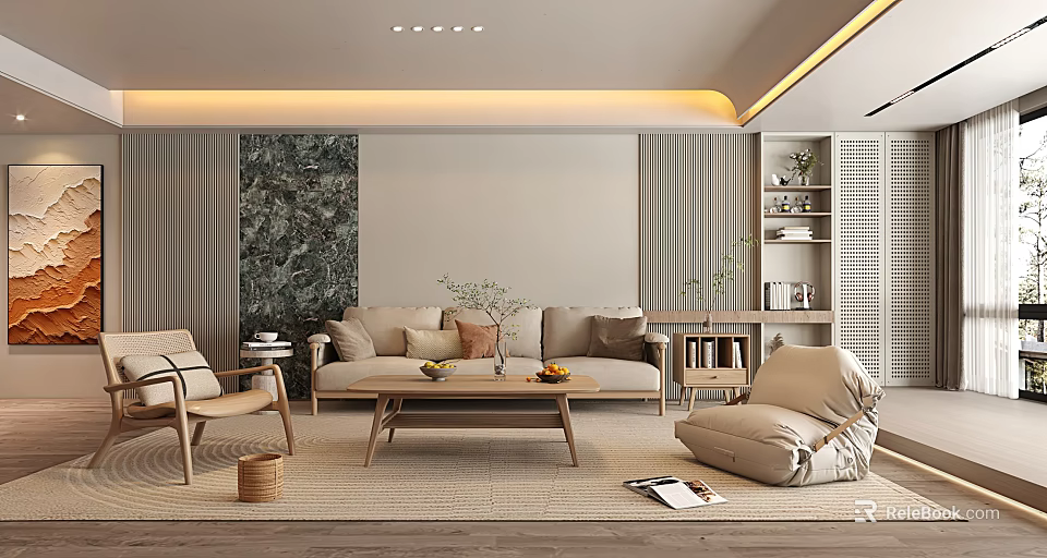 Modern Warm Living Room Interior Design With Marble Accent Wall Sofa Coffee Table And Plants 3d model 