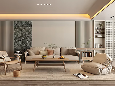 Modern Warm Living Room Interior Design With Marble Accent Wall Sofa Coffee Table And Plants 3d model
