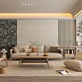Modern Warm Living Room Interior Design With Marble Accent Wall Sofa Coffee Table And Plants