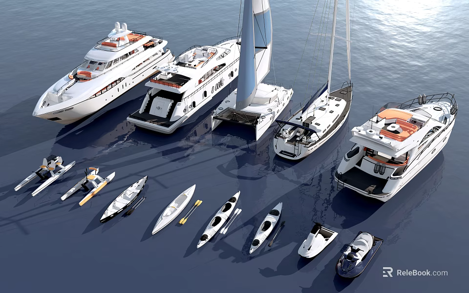 Luxury Yachts And Boats On Blue Water 3d model 