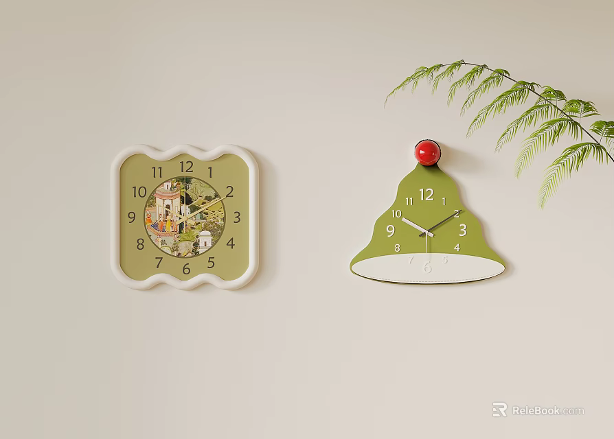 Decorative Wall Clocks Square And Tree Shaped Green Dial White Frame With Leafy Branch Accent 3d model 