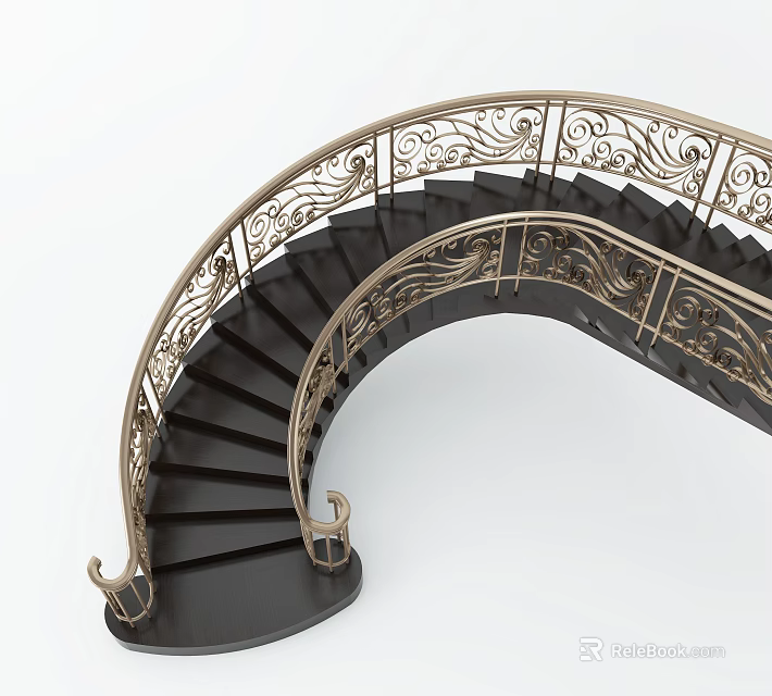 Elegant Spiral Staircase With Ornate Golden Railings And Black Steps 3d model 