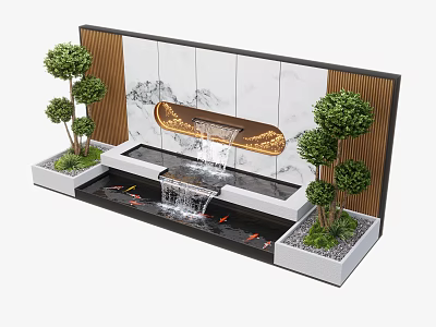 Decorative Water Fountain with Koi Fish and Green Trees in Modern Landscape Design 3d model