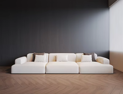 White Sectional Sofa In Modern Living Room With Dark Gray Wall And Herringbone Wooden Floor 3d model