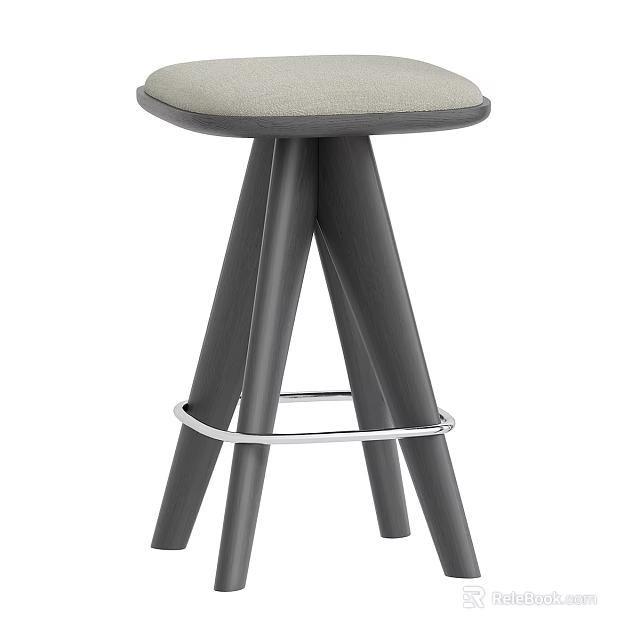 Modern Bar Stool With Light Gray Cushion And Wooden Tripod Legs 3d model 