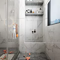 Modern Bathroom Interior With Marble Walls City View Shower Area Vanity Toilet And Round Mirror