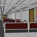 Spacious Public Office Space With Red Cubicles Ceiling Lights And Potted Plants 3d model