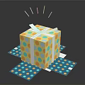 Opened Shiny Yellow Gift Box With Colorful Polka Dots Gray Ribbon And Blue Wrapping Paper