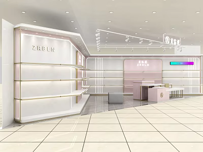 Elegant Gold Framed Pink White Illuminated Display Shelves For Modern Brand Retail Store Interior 3d model