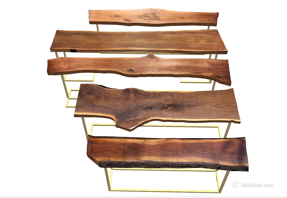 Wooden Dining Tables With Irregular Solid Wood Texture And Golden Metal Frames 3d model