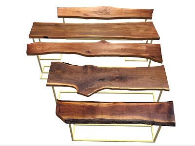 Wooden Dining Tables With Irregular Solid Wood Texture And Golden Metal Frames 3d model