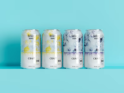 CRA Brand Canned Beverages With Yellow And Purple Patterns On Light Blue Background 3d model