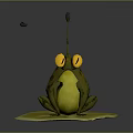 Frog Figurine Sitting On Yellow Lotus Leaf With Yellow Eyes And Stem Flower