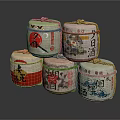 White Rope Wrapped Japanese Sake Bottles With Traditional Patterns And Characters On Dark Reflective Background
