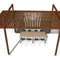Wooden Pergola with Lattice Roof Slatted Screens White Curtains and Outdoor Dining Table and Chairs