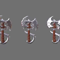 Three Medieval Battle Axes With Metal Blades And Wooden Handles As Weapons