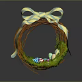 Bird Woven Nest With Blue And Yellow Striped Bow And Colorful Easter Eggs