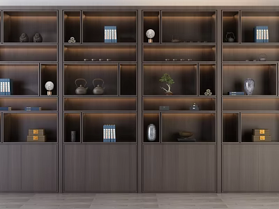 Modern Elegant Interior Bookcase With Multi tiered Shelves Decorative Ornaments And Wooden Finish 3d model