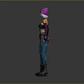 Game Movie Character Wearing Purple Beanie Black Top Blue Ripped Jeans Arm Warmers And Boots