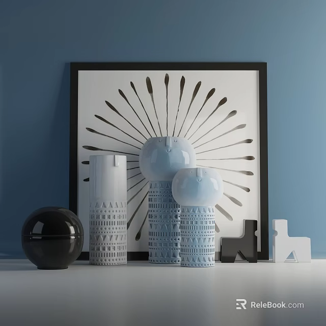 Ornamental Decorative Set Featuring Sunburst Wall Art Black Sphere Blue White Vases And Geometric Figurines 3d model 
