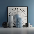 Ornamental Decorative Set Featuring Sunburst Wall Art Black Sphere Blue White Vases And Geometric Figurines