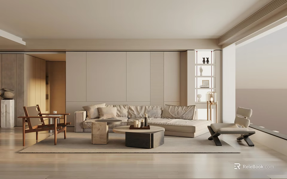 Modern Dining Living Room Interior Design With Beige Sofa And Wooden Coffee Table 3d model 