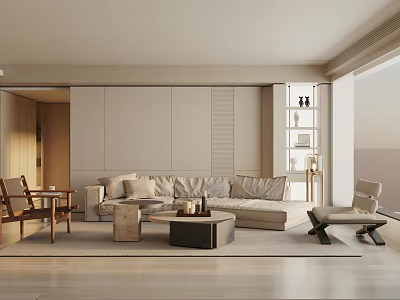 Modern Dining Living Room Interior Design With Beige Sofa And Wooden Coffee Table 3d model