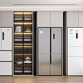 Modern Kitchen Interior With Multiple Stainless Steel Refrigerators Glass Door Cabinets And Elegant Lighting