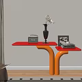 Stylish Console Table With Red Tabletop Orange Legs Black Vase Flowers Vintage Radio And Books