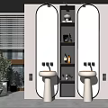Modern Bathroom Interior With Double Vanities Round Mirrors Lit Shelving And Green Plants