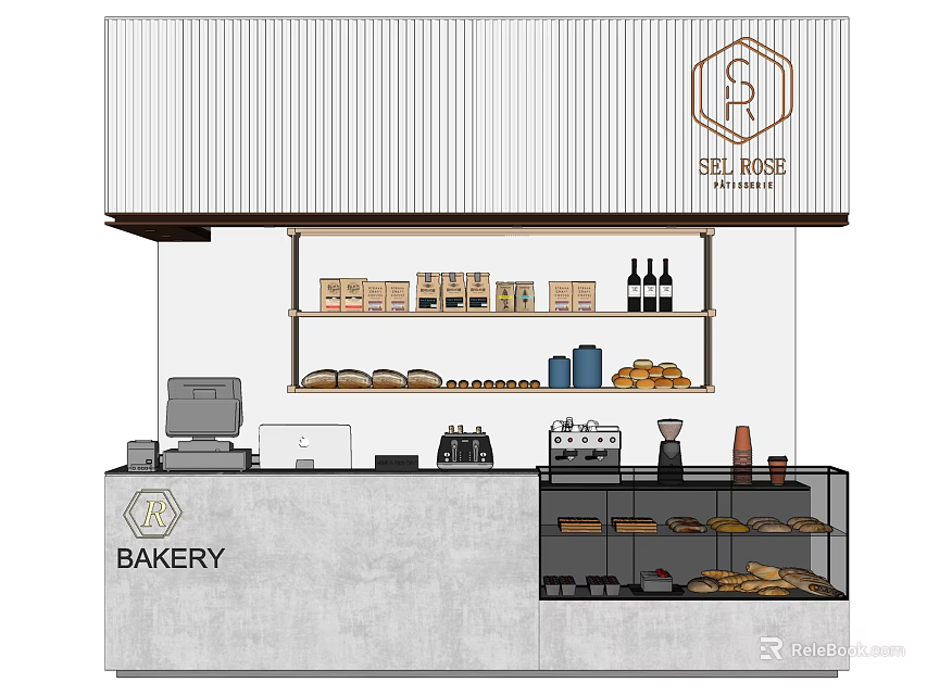 Bakery Reception Counter With Display Shelves Fresh Bread Pastries Cash Register And Coffee Machine 3d model 
