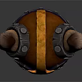 3D Rendered Fantasy Horned Helmet With Orange Red Design And Metal Details