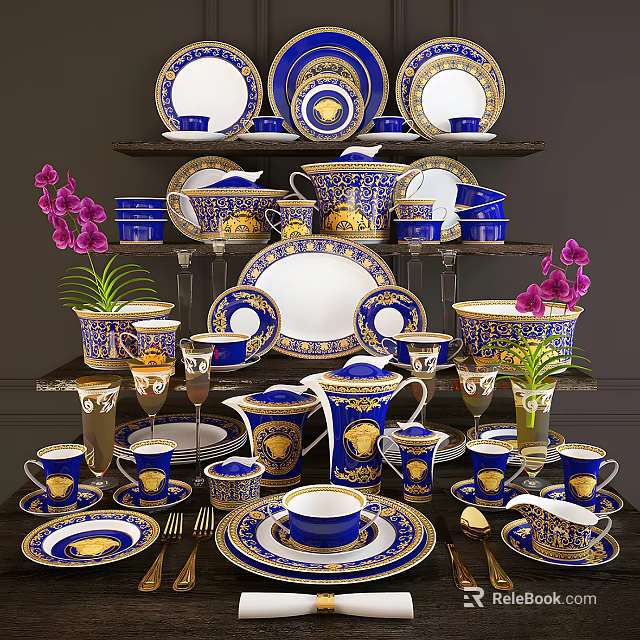 Elegant Blue And White Dinnerware Set With Gold Accents Displayed On Tiered Shelves 3d model 