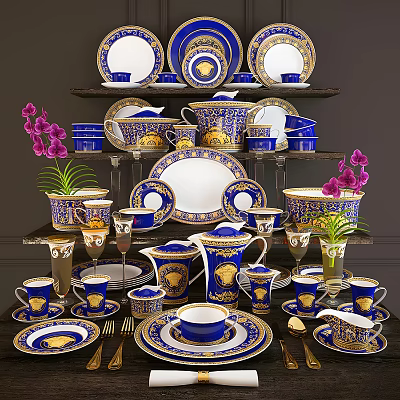 Elegant Blue And White Dinnerware Set With Gold Accents Displayed On Tiered Shelves 3d model