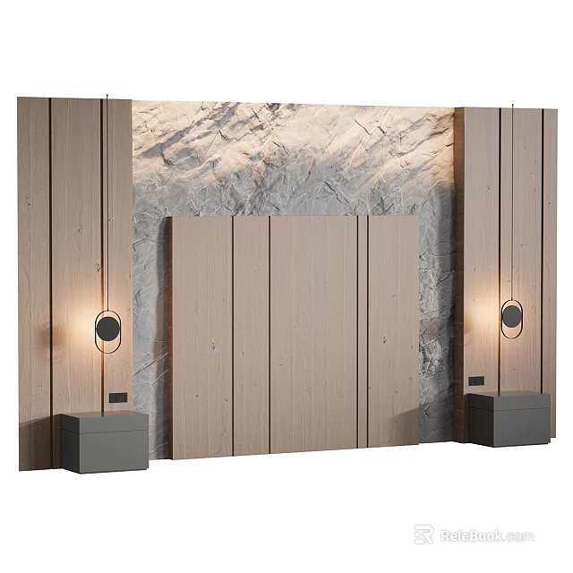 Modern Bed Accent Wall With Wooden Panels Stone Texture And Sconces 3d model 