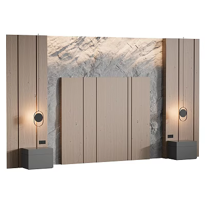 Modern Bed Accent Wall With Wooden Panels Stone Texture And Sconces 3d model
