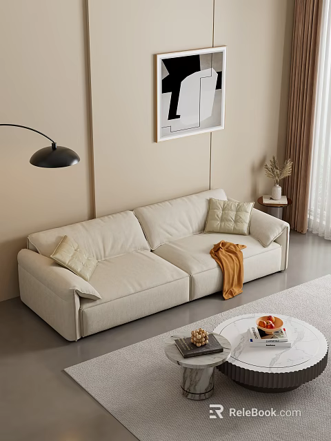 Modern Minimalist Beige Sofa and Coffee Table Set With Cushions Orange Throw and Round Table 3d model 