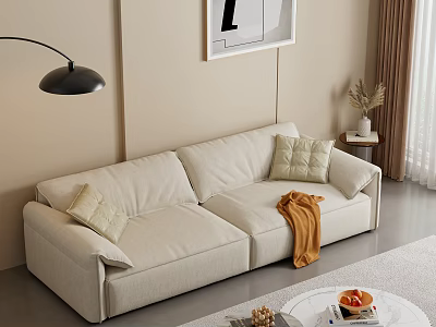Modern Minimalist Beige Sofa and Coffee Table Set With Cushions Orange Throw and Round Table 3d model