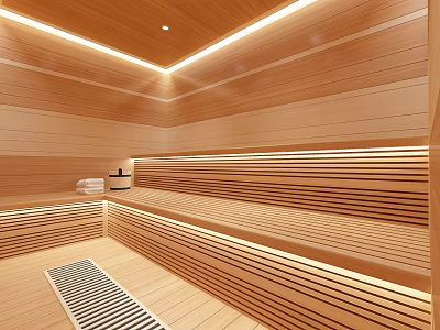 Sauna Room Interior Design With Wooden Benches And Warm Ambient Lighting 3d model