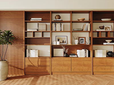Modern Wooden Bookshelf In Natural Tones With Books Decorative Items And Photo Frames 3d model
