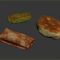 Assorted Savory Food Items Including Fried Patty Pancake Roll and Sauced Bun