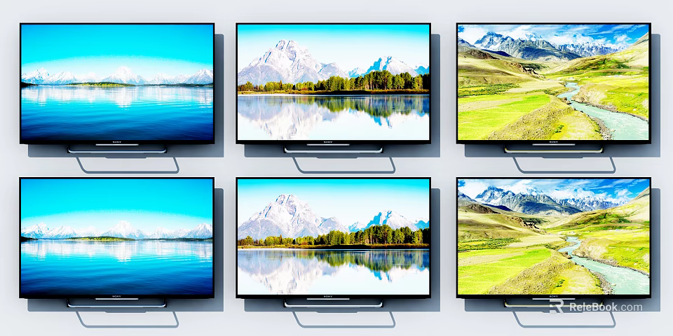 Multiple TVs Displaying Various Nature Landscapes Like Lakes Mountains And Meadows 3d model 