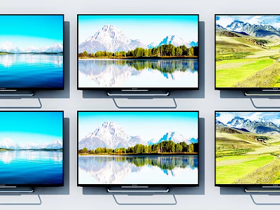 Multiple TVs Displaying Various Nature Landscapes Like Lakes Mountains And Meadows 3d model