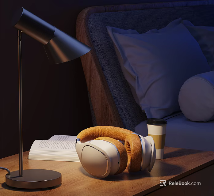 Cozy Home Living Scene With Table Lamp Wireless Headphones Coffee Cup And Open Book 3d model 