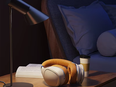 Cozy Home Living Scene With Table Lamp Wireless Headphones Coffee Cup And Open Book 3d model
