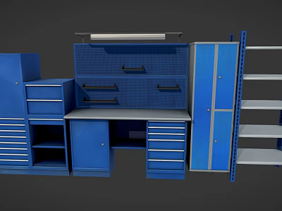 Blue Modular Utility Workbench With Drawers Cabinets And Open Shelves 3d model