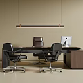 Modern Dark Wood Office Desk With Black Brown Chairs Apple Computer And Hanging Lamp