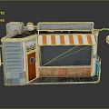Miniature Shop Model With Orange White Striped Awning Red Door Gray Walls And Hanging Light